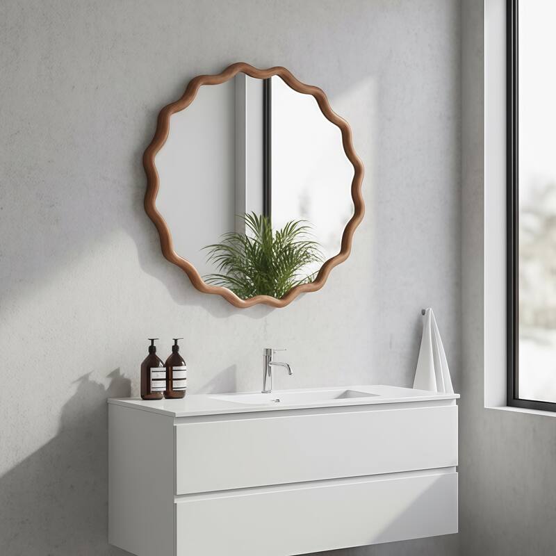 24 inch Wavy Round Solid Wood Frame Decorative Mirror