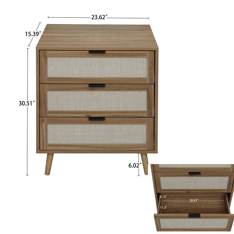 Wood Storage Cabinet with 3 Engineered Rattan Drawer Suitable for Bedroom,Living Room,Study