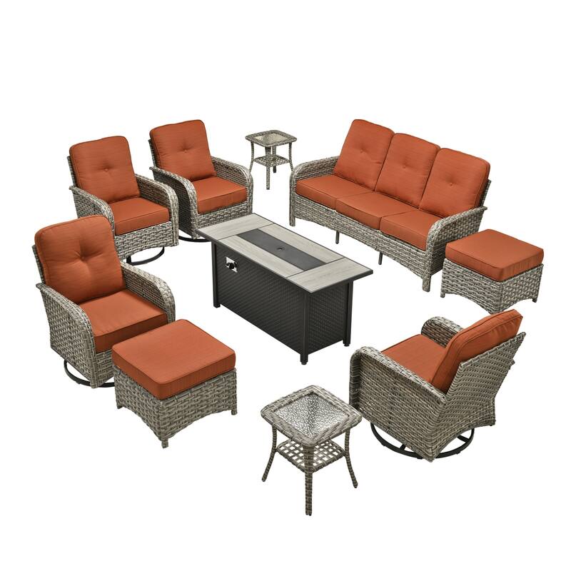 OVIOS 10-piece Patio Wicker Conversation Furniture Set with Fire Pit