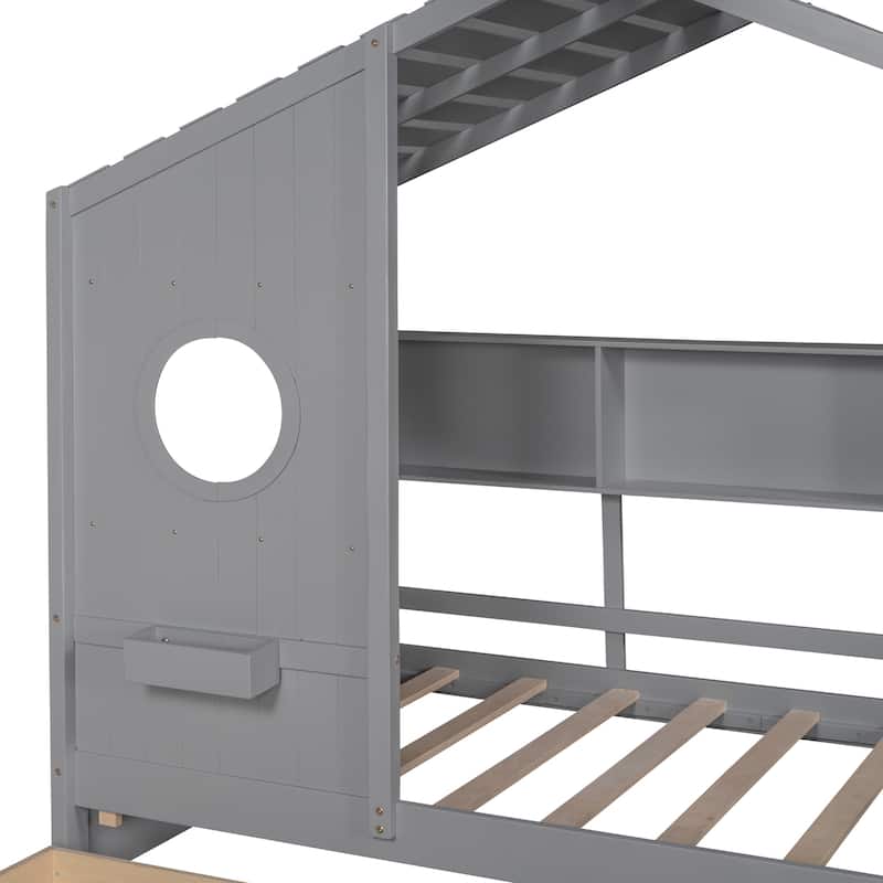 Kids Playhouse Bed Frame Wood Semi Enclosed House Bed with Storage Headboards & 2 Drawers, Roof Platform Bed, Wood Slat Support