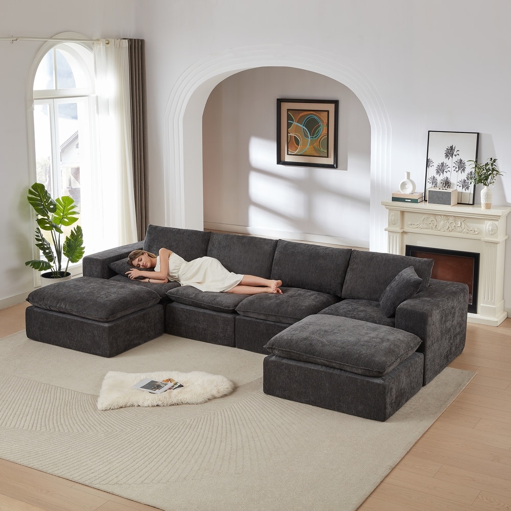 U-Shaped Sectional Sofa with 2 Ottomans, Oversized Chenille Upholstered Cloud Sofa, Deep Seat Sofa with Pillows