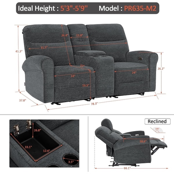 dimension image slide 2 of 16, MCombo 64.6" Wall Hugger Power Loveseat Fabric Recliner Sofa with USB Ports