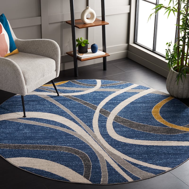 SAFAVIEH Odyssey Thekla Mid-Century Modern Rug - 6'7" Round - Blue/Gold Ivory