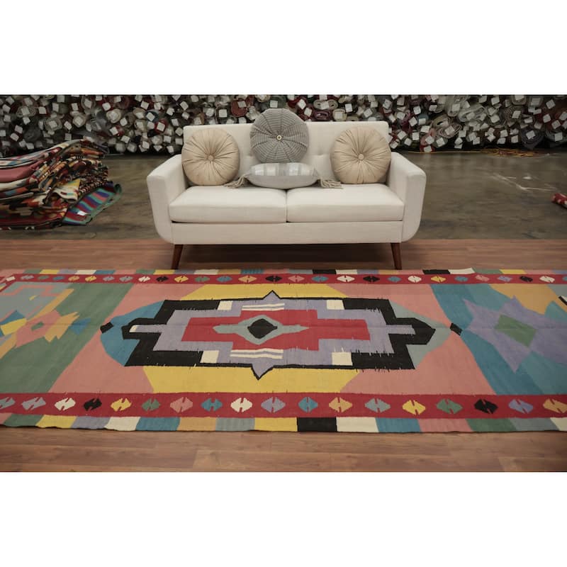Hand Woven Oriental 100% Wool Carpet Southwestern Tribal Multi-Colored Kilim Area Rug - 13' 4'' X 4' 10''