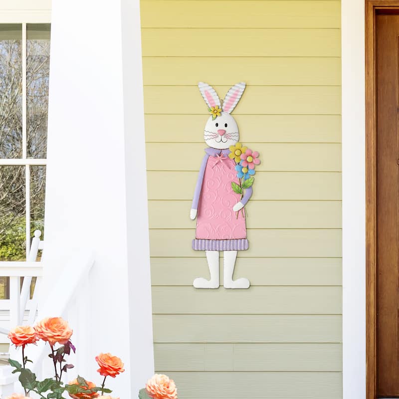 Glitzhome 36"H Metal Easter Bunny Girl Yard Stakes Porch Sign Wall Decor