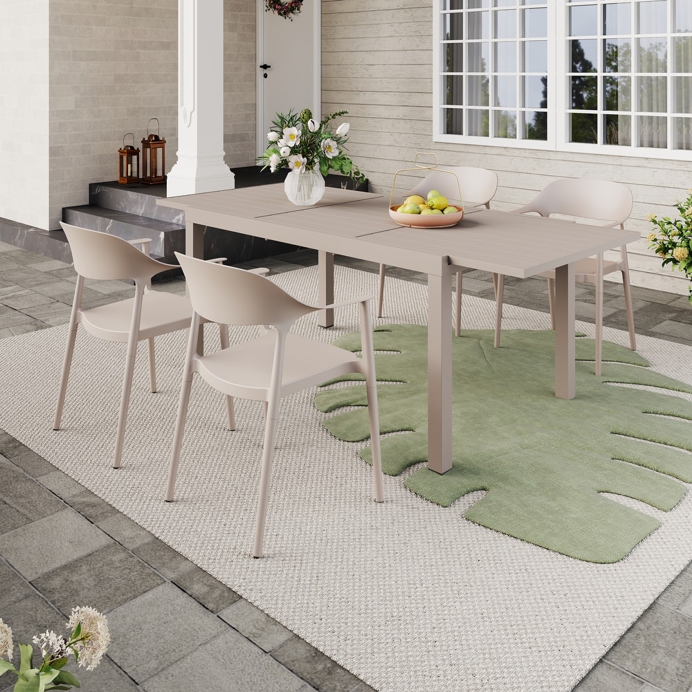 Outdoor Dining Set 5-Piece Stackable Plastic Lightweight Curved Backrest Armchair and Extendable Dining Table