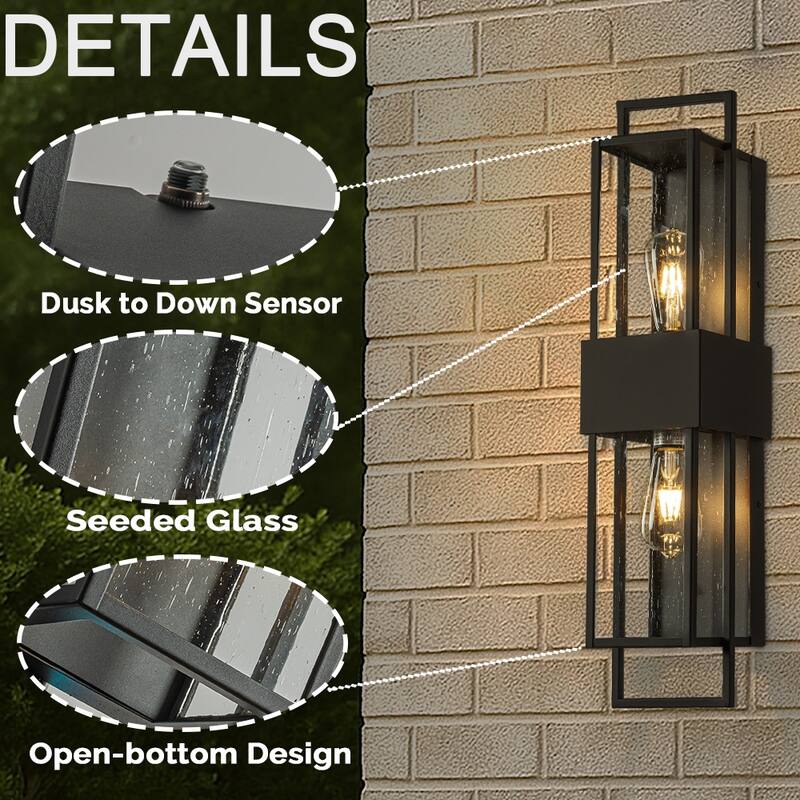 Modern Outdoor Wall Light with Dusk to Dawn Sensor with Seeded Glass 2-Light Waterproof Black Sconce for Porch Garage(2 Pack)