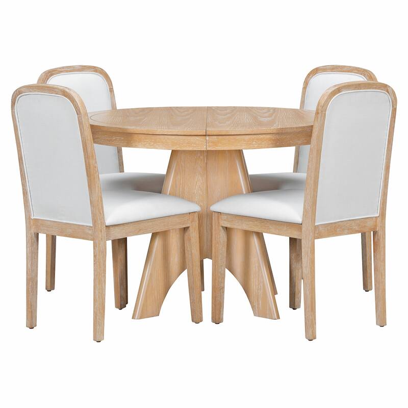 Vintage 5-Piece Extendable Dining Table Set with 4 Upholstered Chairs for Rustic Farmhouse Kitchen Aesthetics