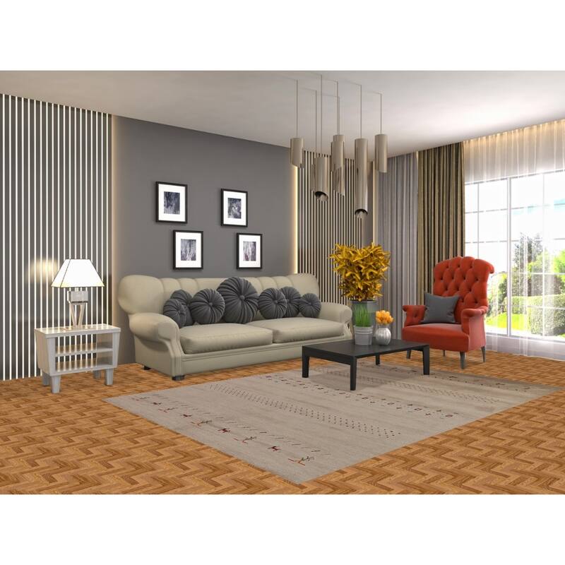 Tribal Gabbeh Oriental Rug Hand-Knotted Beige Modern Wool Carpet - 5'7" x 7'11"