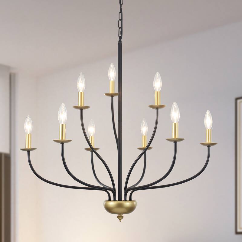 9-Light Candlestick Hanging Linear Chandelier Lighting 2-Tier Ceiling Light Fixture for Kitchen Island - Black and Gold