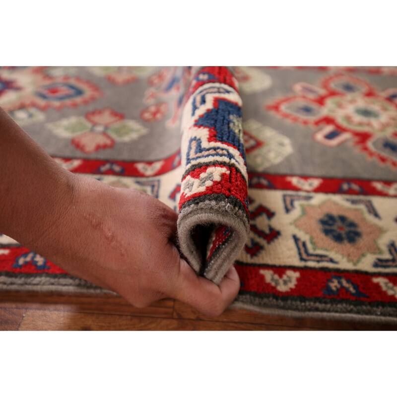 Geometric Kazak Runner Rug Hand-Knotted Oriental Grey Wool Carpet - 2'2" x 19'2"