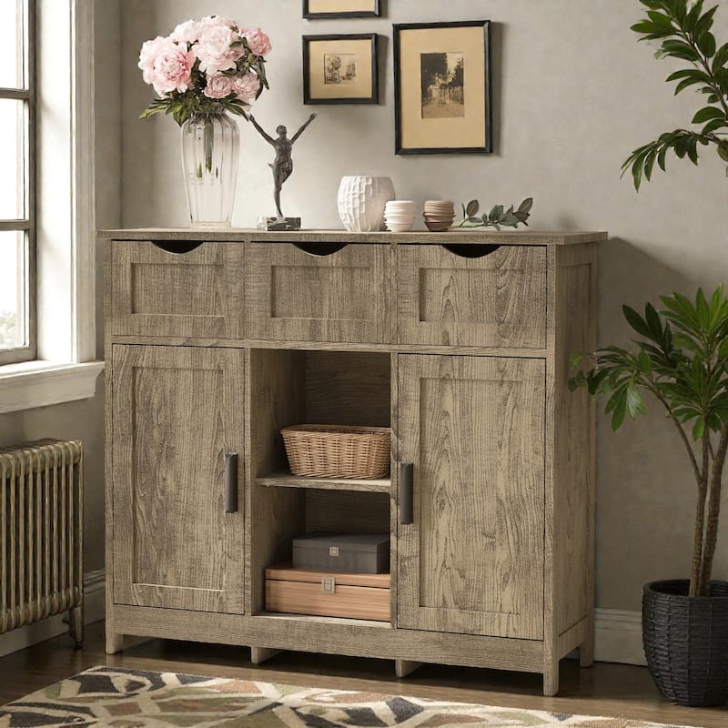 Wooden Storage Cabinet with Drawers and Adjustable Shelves, Floor Accent Cabinet for Living Room Bedroom