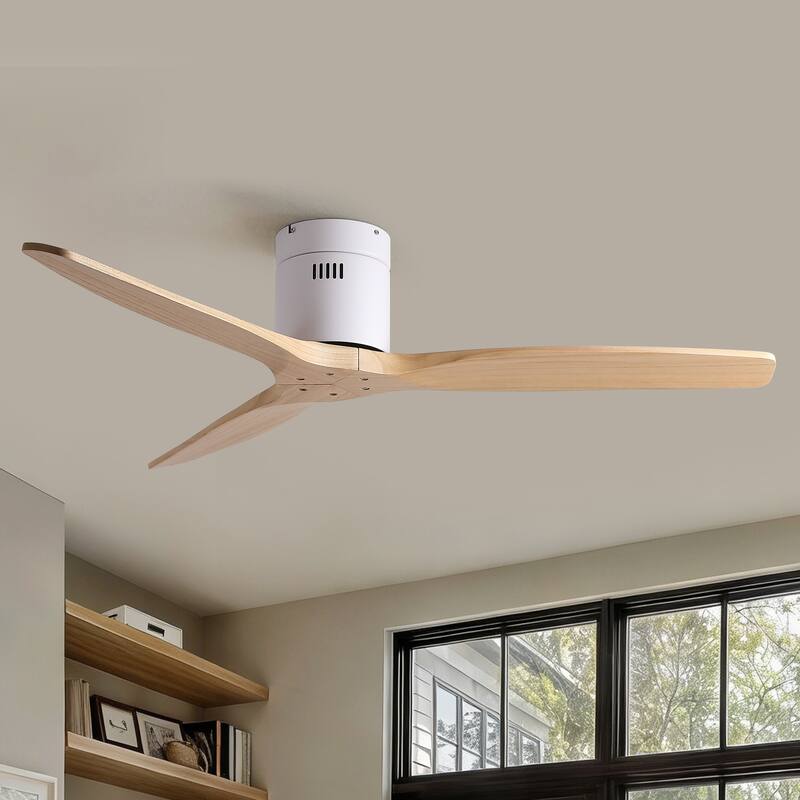 52"Mordern Rustic Elegance Solid Wood Blades Low Profile Flush Mount Ceiling Fan without Light