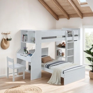 White Twin Loft Bed with Desk and Wardrobe