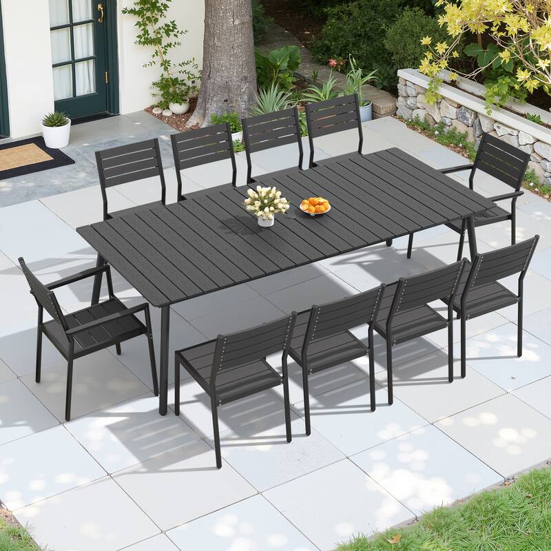 Outdoor Patio Dining Set 7/9/11-Piece Furniture Set Aluminum Dining Table and Stackable Chairs - Black - Set of 11 - 94.49 inches