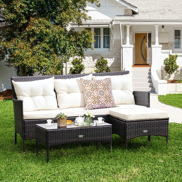 slide 2 of 35, Costway 3PCS Patio Rattan Furniture Set 3-Seat Sofa Cushioned Table - See details White