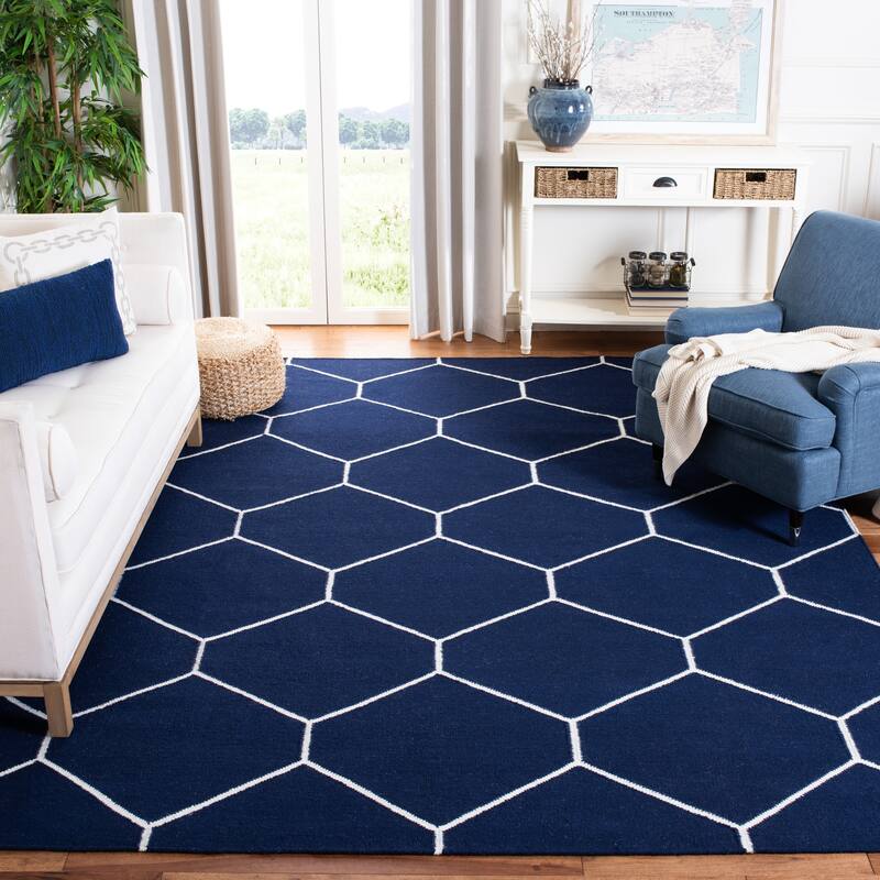 SAFAVIEH Handmade Flatweave Dhurries Walty Modern Moroccan Wool Rug - 9' x 12' - Navy/Ivory