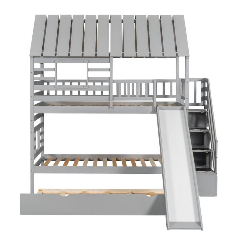 Twin over Twin House Bunk Bed with Trundle and Slide, Storage Staircase, Roof and Window Design