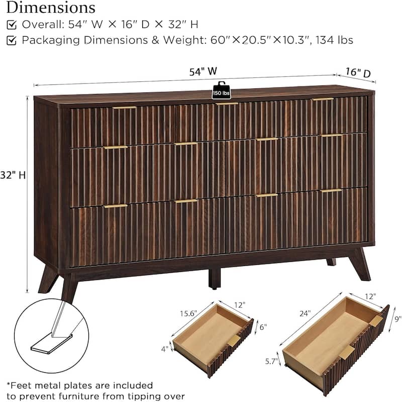 Modern Fluted 6 Drawers Dresser, Chest of Drawers, Dresser TV Stand