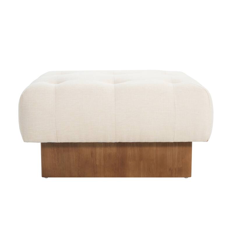 Roomfitters Square Upholstered Ottoman with Tufted Linen Fabric and Solid Wood Legs, Modern Accent Piece, Beige
