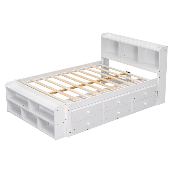 Modern Full Wood Bed with Bookcase Headboard Underbed Storage Drawers for Master Bedrooms Guest Rooms Grey