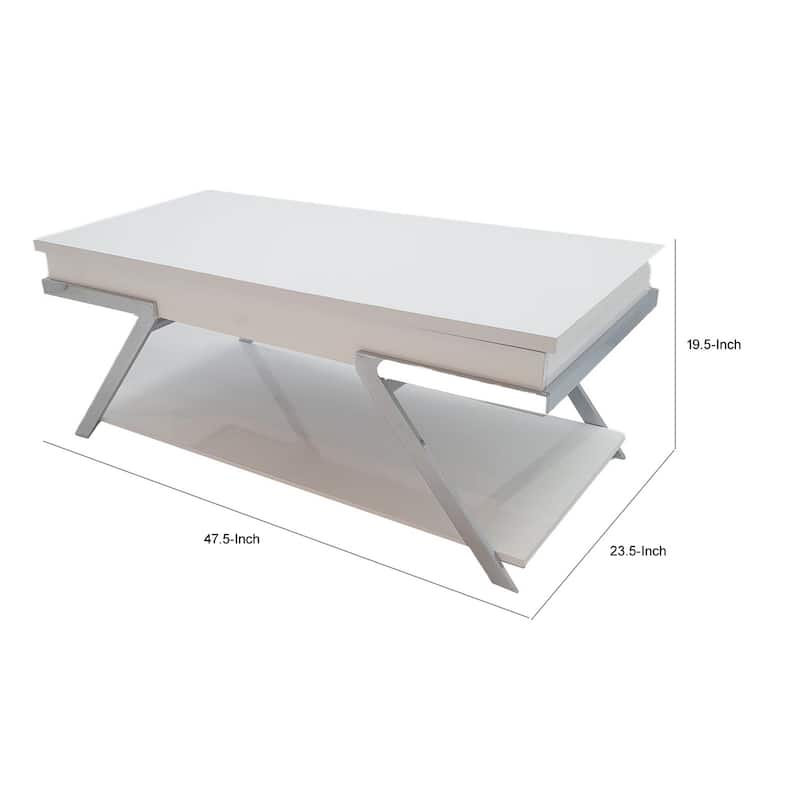 Casey 47 Inch Lift Top Coffee Table, Chrome Metal Frame, Glossy White Top