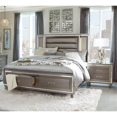 Glam Bedroom Furniture 3pc Set LED Storage Bed and 2x Nightstands