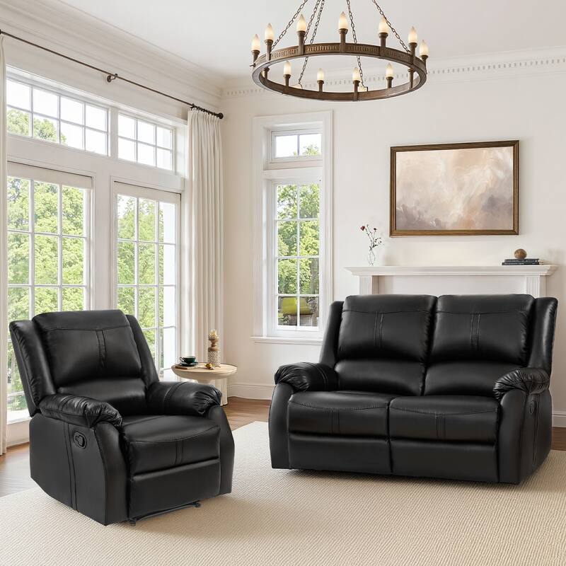 Recliner Set Of 2, Manual Recliner Chair, 2-Piece Faux Leather Upholstered Recliner Sofa For Living Room - Black