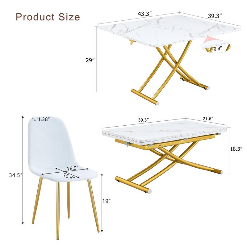 Modern multifunctional lifting platform, wood textured sticker MDF desktop, metal legs. with 4 dining chairs