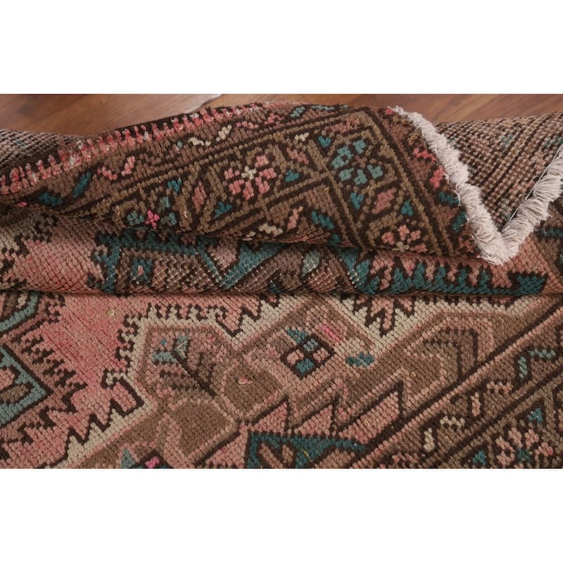 Pink Geometric Tabriz Persian Vintage Runner Rug Handmade Wool Carpet - 3'3"x 12'5"