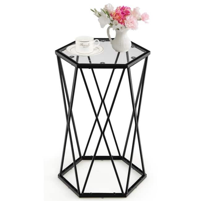 End Table Tempered Glass Top Metal Frame Hexagonal Accent Side Table Living Room - 16" x 13.5" x 24" (Lx Wx H)