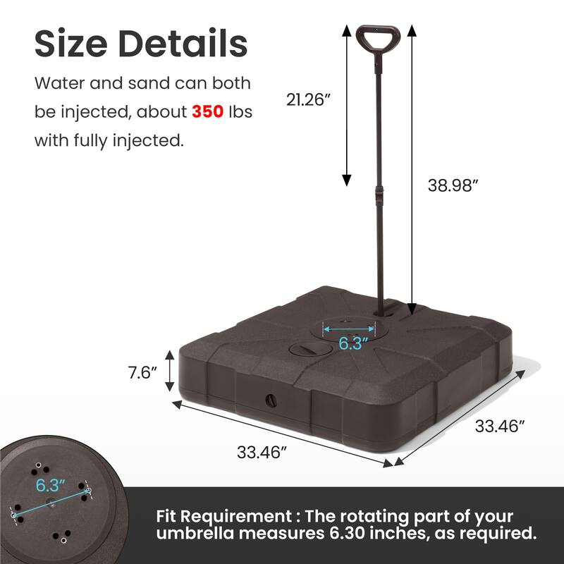 Heavy Duty 350 LBS Water Sand Fillable Patio Cantilever Offset Umbrella Base Stand with Wheels and Drag Rod