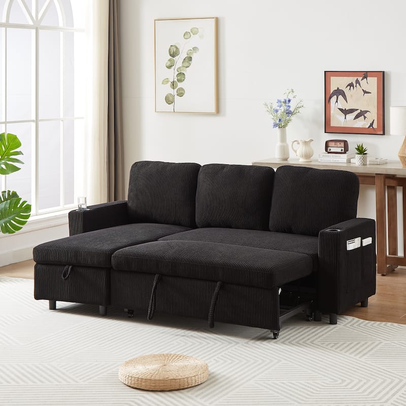 Convertible Corduroy L-Shaped Sofa Bed, Pullout Sleeper, Black