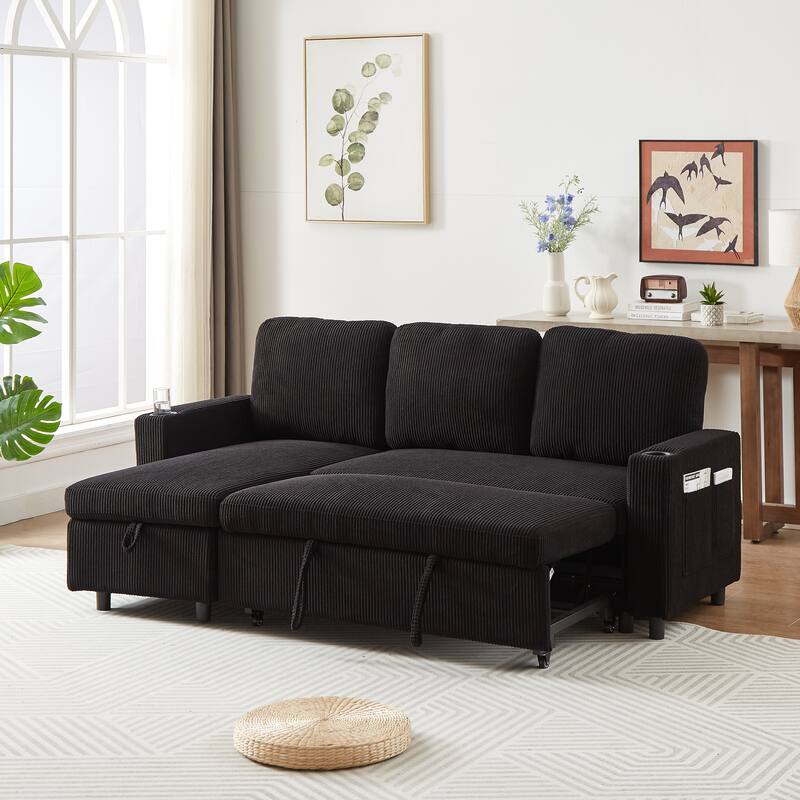 Modern Corduroy Reversible Sleeper Sofa Bed with Pullout Bed, L-Shaped Combo Sofa for Tight Spaces, Living Room, and Office