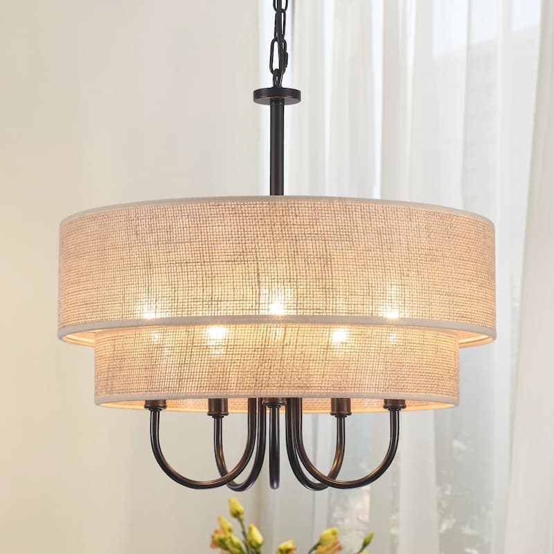 18.1-in 5-Light Farmhouse Rattan Pendant Light with 2-Tier Hand-Woven Drum Shade for multiple rooms - Black