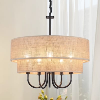 18.1-in 5-Light Farmhouse Rattan Pendant Light with 2-Tier Hand-Woven Drum Shade for multiple rooms