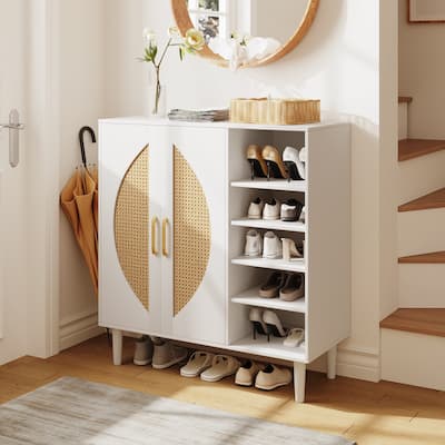 Shoe Cabinet with Adjustable Shelves, Buffet Sideboard with Anti-Tip Safety, Rattan Storage Entryway Accent Cabinet