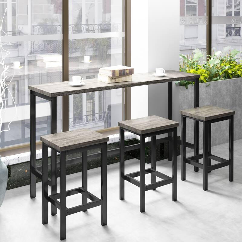 4-Piece Industrial Dining Set with Rectangular Table & 3 Stools - Gray