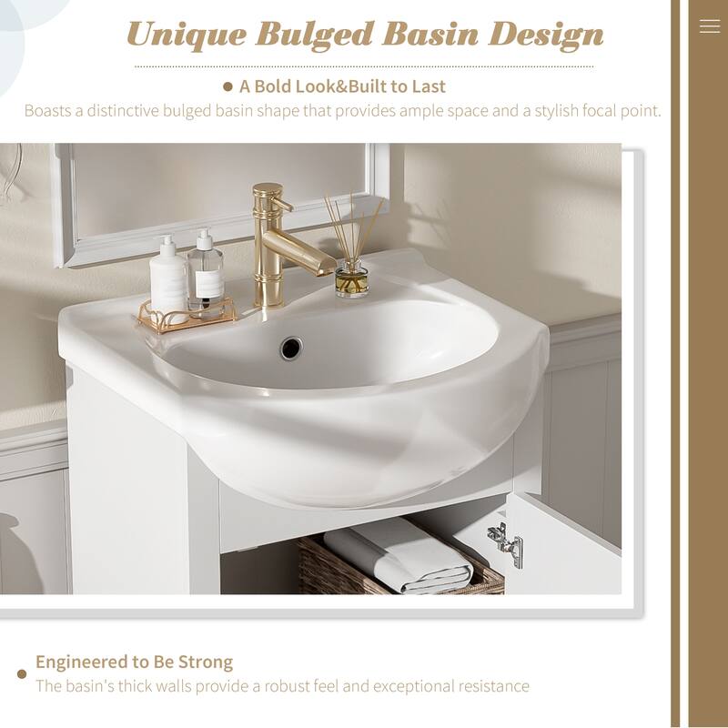 Roomfitters 20" Bathroom Vanity with Bulged Ceramic Basin, Freestanding French Style Storage Cabinet & Soft Close Door