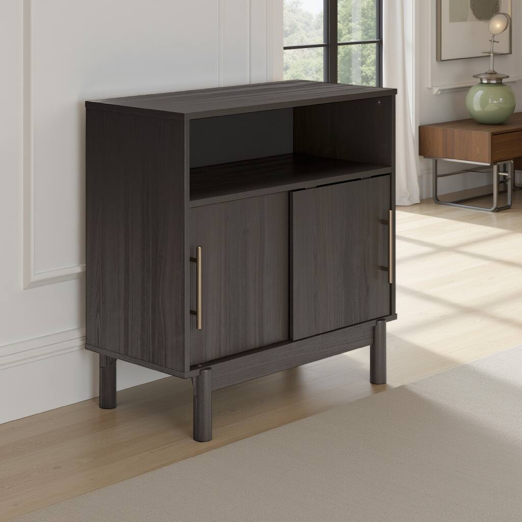 Cabie Accent Table, Sliding Doors and Open Top Shelf, Gray Wood, Gold