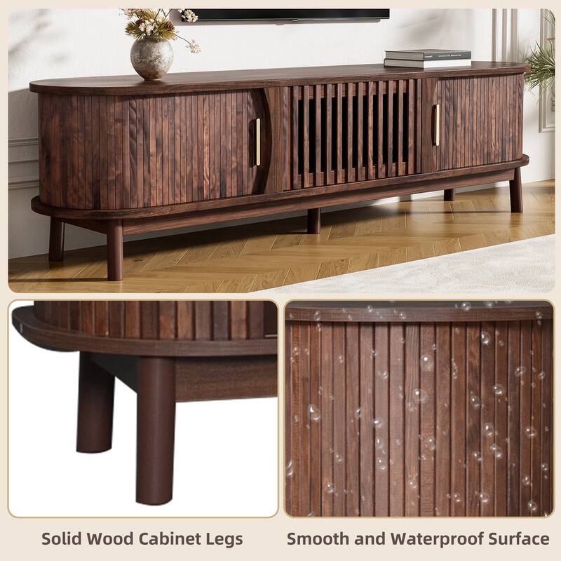 Farmhouse Curved TV Stand Entertainment Center for 75" TVs, Sliding Doors Television Cabinet Dark Brown TV Console Table