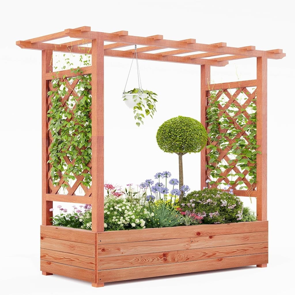 43x17x45 in Wooden Raised Planter Box with Built-In Trellis for Cucumbers Peas and Climbing Flowers