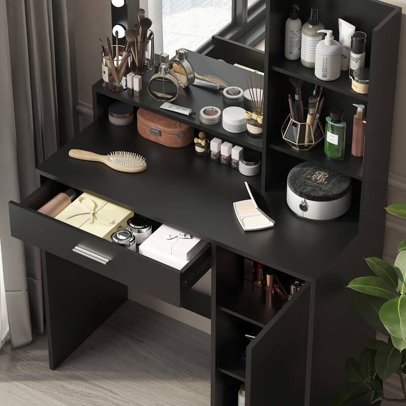 Vanity Desk with Mirror & Light, Large Drawer Three Level Storage Dresser, 3 Lighting Modes Adjustable Brightness