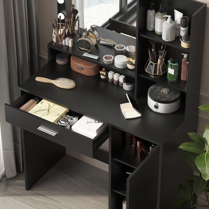 Vanity Desk with Mirror & Light, Makeup Vanity with 1 Drawer & 3 Level Storage Cabinets, Multi-functional Dressing Table