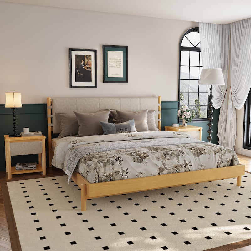 Low-profile Platform Bed Frame with Upholstered Panel Headboard and Wood Slat Supports, Optional with 2 Storage Nightstands