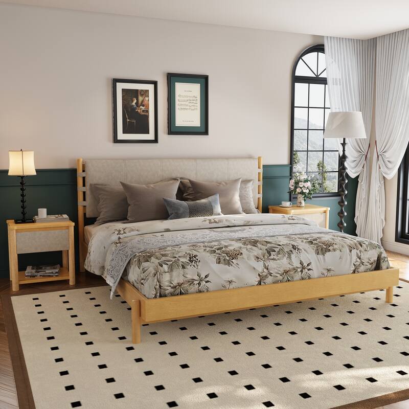 Roomfitters Platform Bed Set with 2 Nightstands, Modern Wood Frame and Matching Bedside Tables