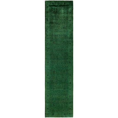 Overdyed One-of-a-Kind Hand-Knotted Area Rug - Green - 3' 1" x 13' 0"