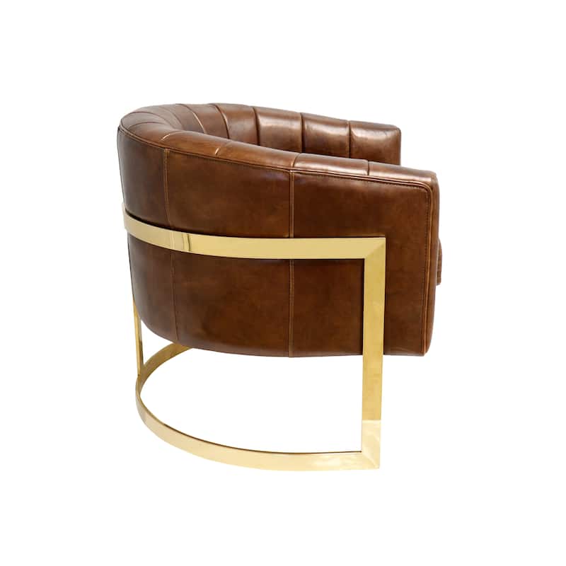 Pasargad Home Vicenza Genuine Leather Barrel Chair, Brown - W31.5"xD27.5"xH29.1"