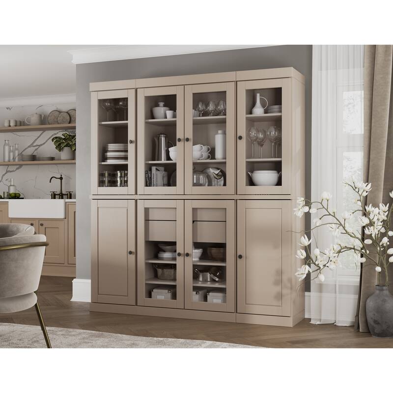 100% Solid Wood Kitchen China Pantry Buffet with Glass or Solid Wood Doors and 2-Drawer Kit by Palace Imports - 65" x 71.5" - Beige - Clear Glass-Solid