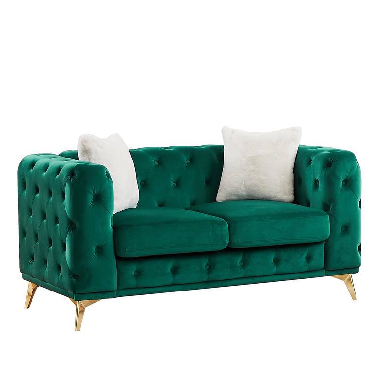 Velvet Chesterfield Loveseat Sofa, Tufted Button Upholstered 2 Seater Sofa, Lounge Sofa Chair with 2 Pillows & Metal Legs